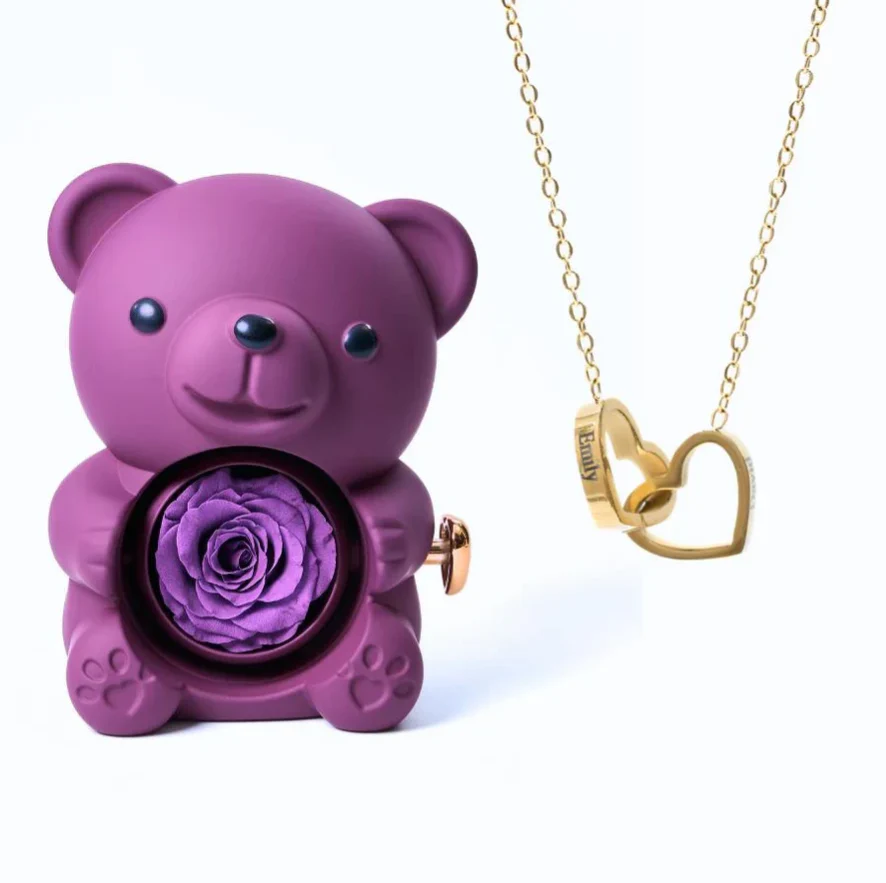 Urso com Rosa Eterna & Colar Gravado com Nomes
