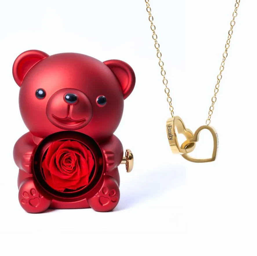 Urso com Rosa Eterna & Colar Gravado com Nomes